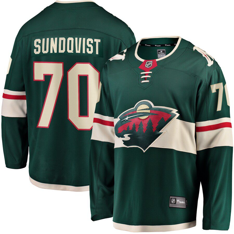 Men Minnesota Wild 70 Oskar Sundqvist Fanatics Branded Green Home Breakaway NHL Jersey